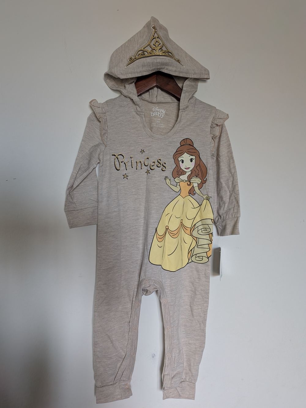 Disney Princess Ariel, Cinderella/Belle Girls Hooded Long Sleeve Baby Romper-18M
